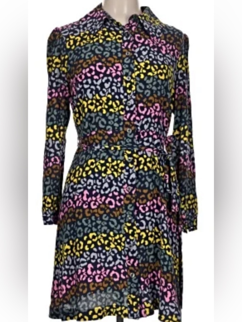 Boden Navy Multicolor Leopard-Print Long Sleeve Shirt Dress